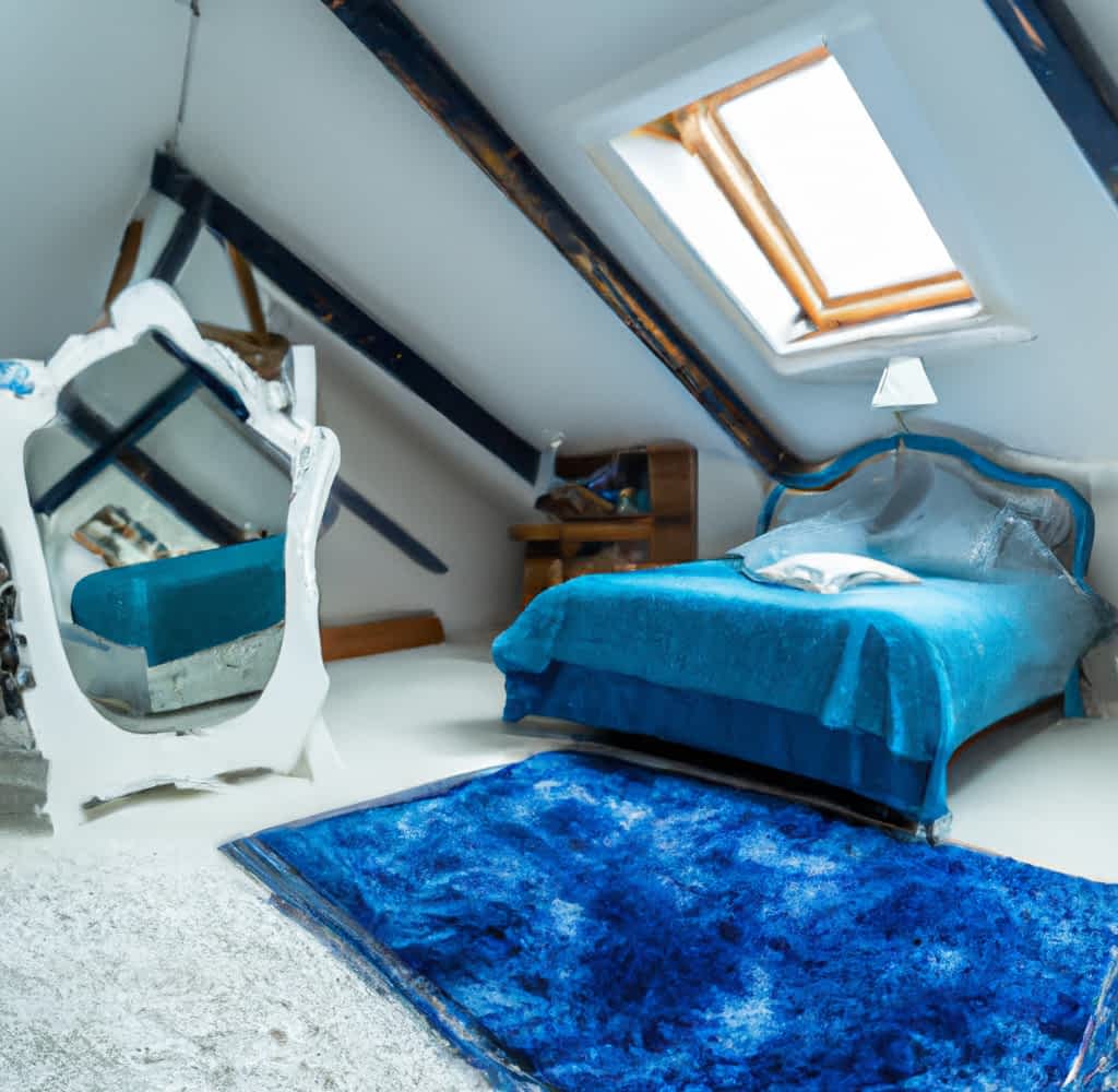 buhardilla con tonos azules, alfombra, ventana y espejo